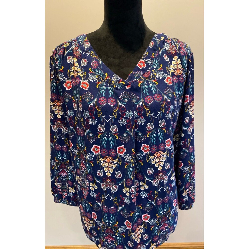 St.‎ John’s Bay Blouse Size 2X Boho Peasant V Neck Navy Blue Floral Casual Fit